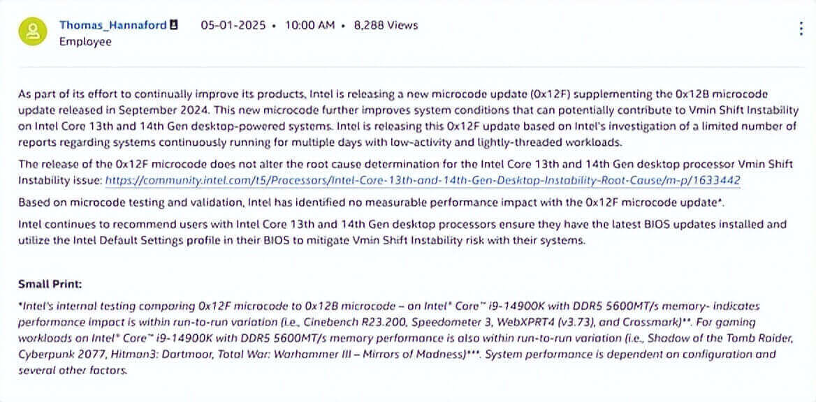 Intel对第13/14代cpu推出热修补更新CPU 第1张